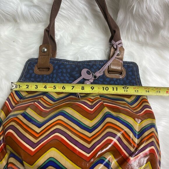 Fossil key Per multi color zigzag coated canvas ltote with blue & brown … - Picture 7 of 14